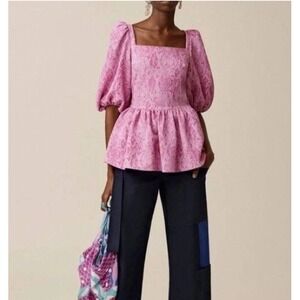 Stine Goya Irene‎ Blouse Womens XL Snakeskin Print Pink Puff Slevee Babydoll Y2K